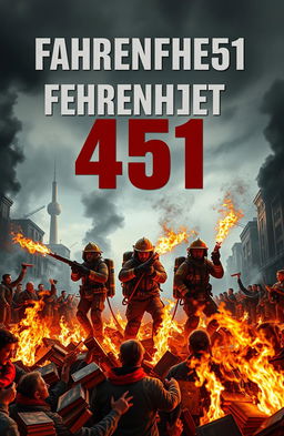 A striking dystopian scene depicting firefighters in the midst of burning books, set in a dark, oppressive cityscape with billowing smoke and glowing embers