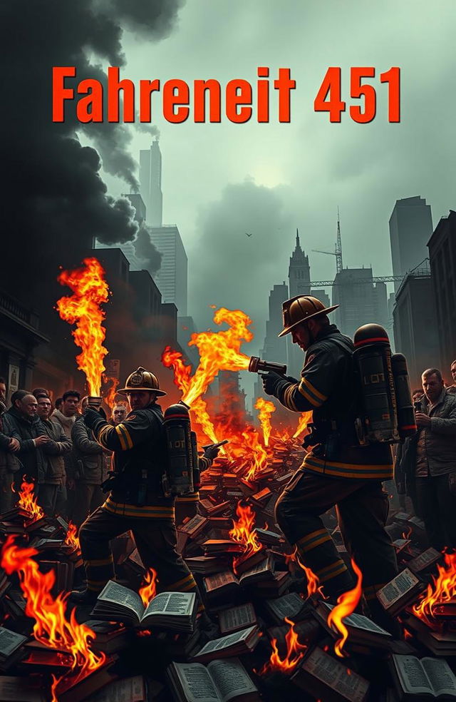 A striking dystopian scene depicting firefighters in the midst of burning books, set in a dark, oppressive cityscape with billowing smoke and glowing embers