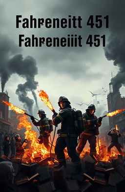 A striking dystopian scene depicting firefighters in the midst of burning books, set in a dark, oppressive cityscape with billowing smoke and glowing embers