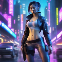 Hyper-realistic depiction of a stunning young Korean girl in long cyberpunk pants, fearlessly serving as a gunner in a high-intensity urban war amidst the neon-lit, technologically advanced cityscape