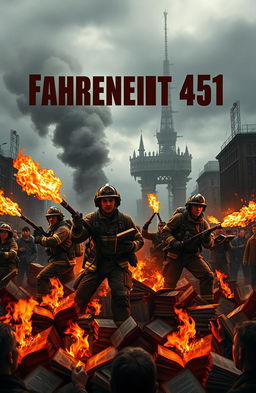 A striking dystopian scene depicting firefighters in the midst of burning books, set in a dark, oppressive cityscape with billowing smoke and glowing embers