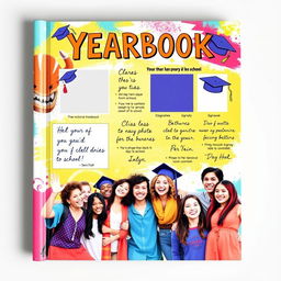 A beautiful and vibrant yearbook cover design featuring a creative and artistic background with elements like graduation caps, diplomas, and school mascots