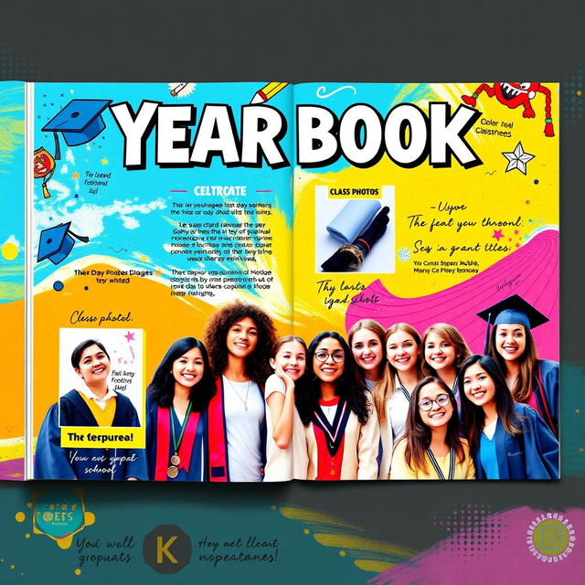 A beautiful and vibrant yearbook cover design featuring a creative and artistic background with elements like graduation caps, diplomas, and school mascots