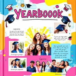 A beautiful and vibrant yearbook cover design featuring a creative and artistic background with elements like graduation caps, diplomas, and school mascots