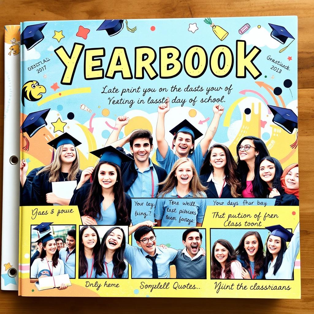 A beautiful and vibrant yearbook cover design featuring a creative and artistic background with elements like graduation caps, diplomas, and school mascots