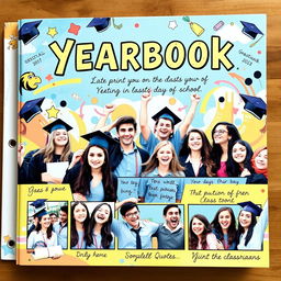 A beautiful and vibrant yearbook cover design featuring a creative and artistic background with elements like graduation caps, diplomas, and school mascots