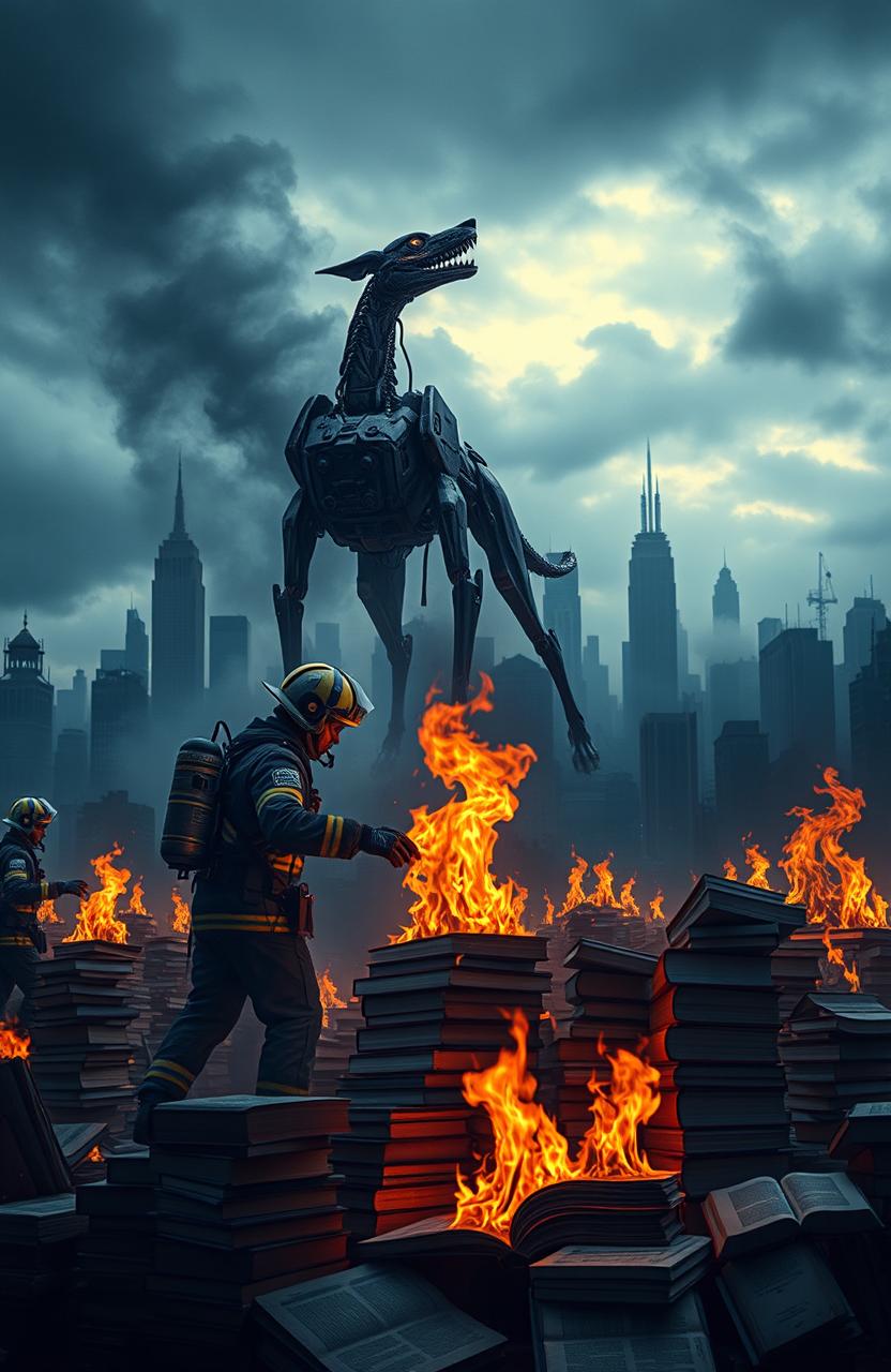 A dystopian society where firefighters are depicted burning books in a dramatic scene