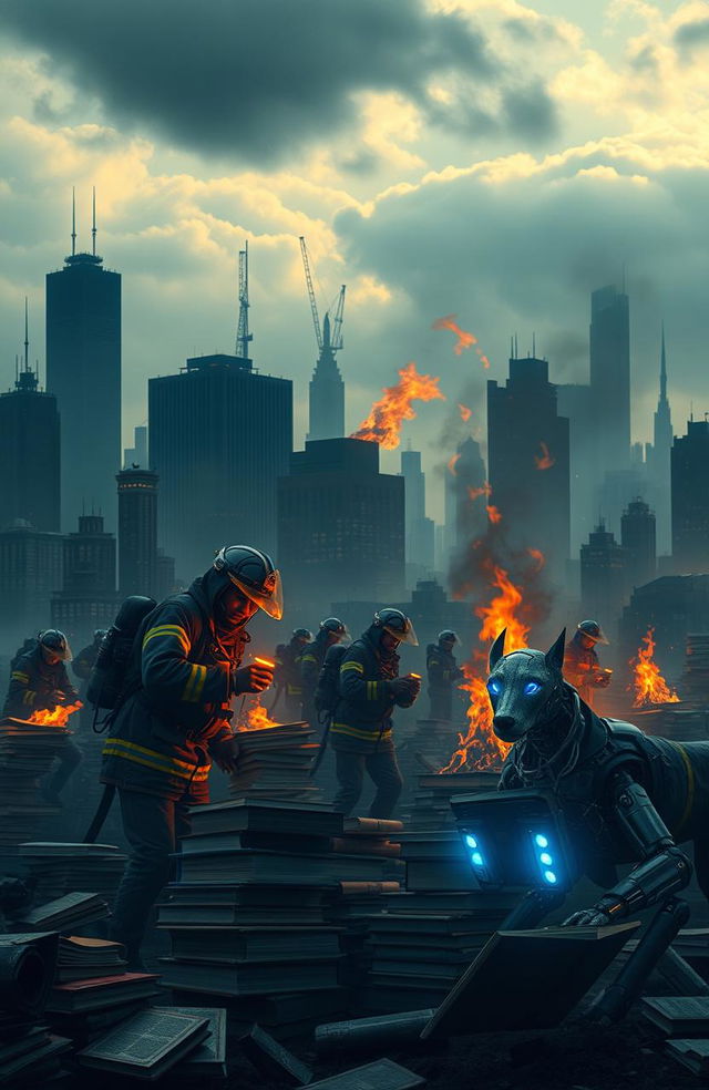 A dystopian society where firefighters are depicted burning books in a dramatic scene