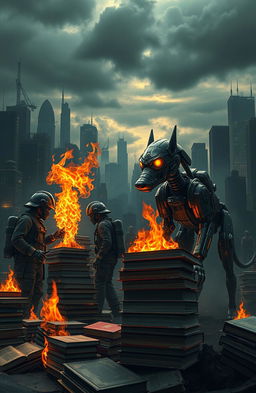 A dystopian society where firefighters are depicted burning books in a dramatic scene