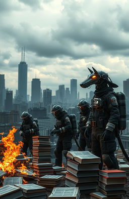 A dystopian society where firefighters are depicted burning books in a dramatic scene