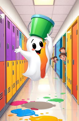 A whimsical illustration of a friendly ghost floating in a school hallway with a large bucket of bright paint humorously balanced on its head