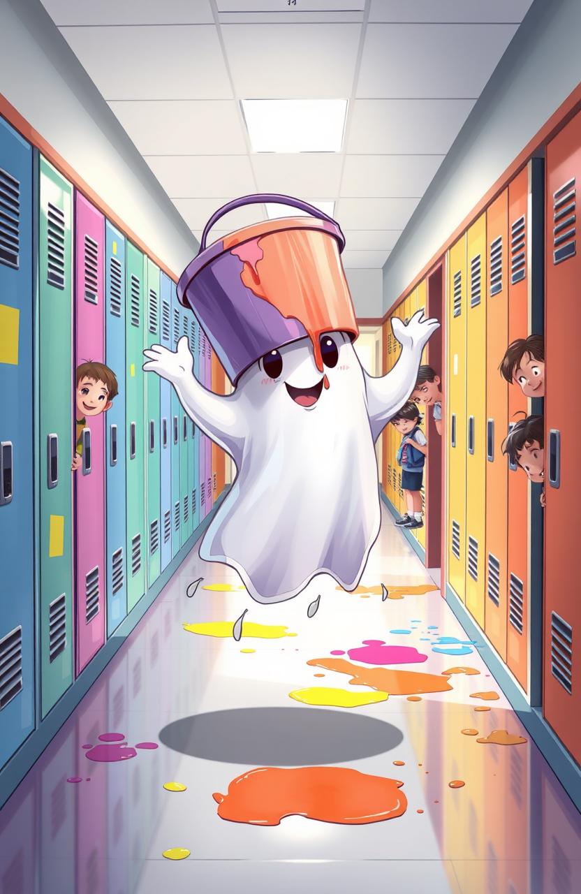 A whimsical illustration of a friendly ghost floating in a school hallway with a large bucket of bright paint humorously balanced on its head