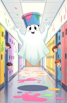 A whimsical illustration of a friendly ghost floating in a school hallway with a large bucket of bright paint humorously balanced on its head