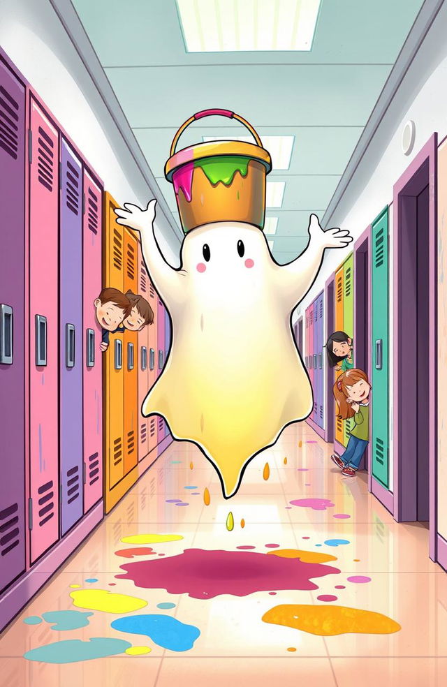 A whimsical illustration of a friendly ghost floating in a school hallway with a large bucket of bright paint humorously balanced on its head