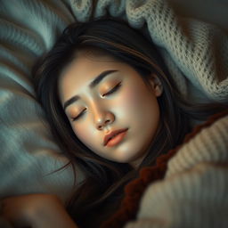 A serene scene featuring a beautiful mixed-race woman of Asian and Caucasian descent peacefully sleeping