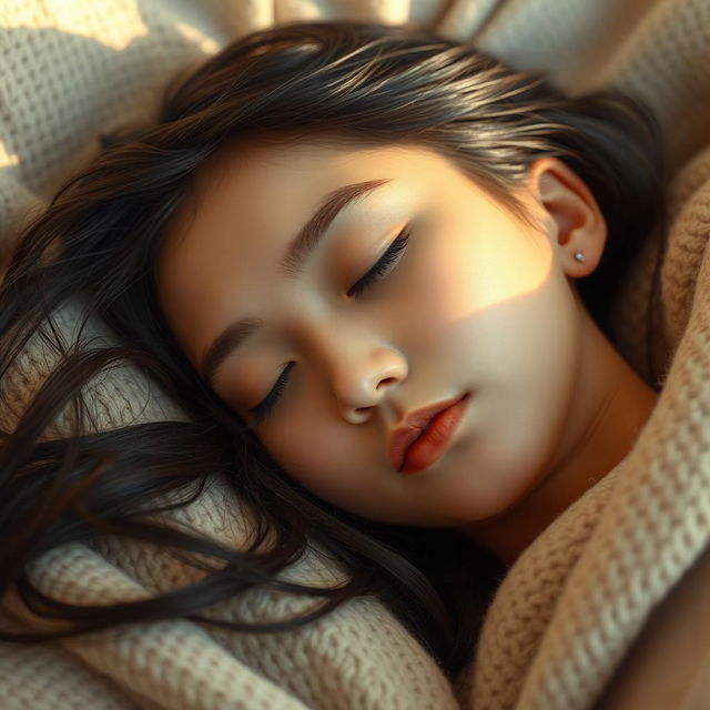 A serene scene featuring a beautiful mixed-race woman of Asian and Caucasian descent peacefully sleeping