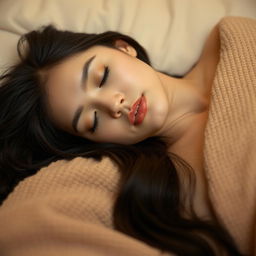 A serene scene featuring a beautiful mixed-race woman of Asian and Caucasian descent peacefully sleeping
