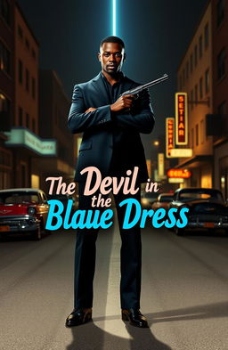 A black man standing confidently in the middle of a 1960s style street, holding a gun in a poised manner