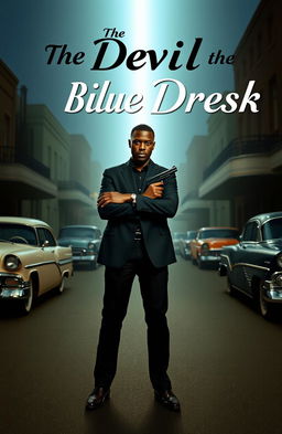 A black man standing confidently in the middle of a 1960s style street, holding a gun in a poised manner