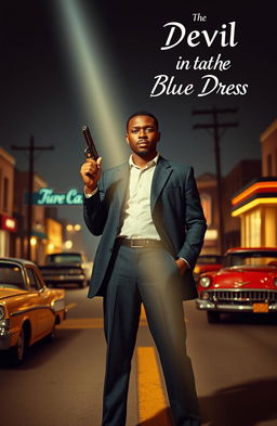 A black man standing confidently in the middle of a 1960s style street, holding a gun in a poised manner