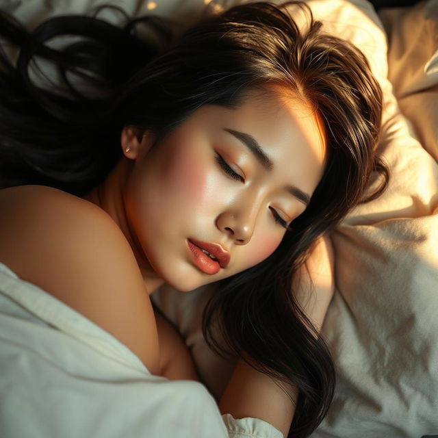 A beautiful mixed-race woman of Asian and Caucasian descent peacefully sleeping