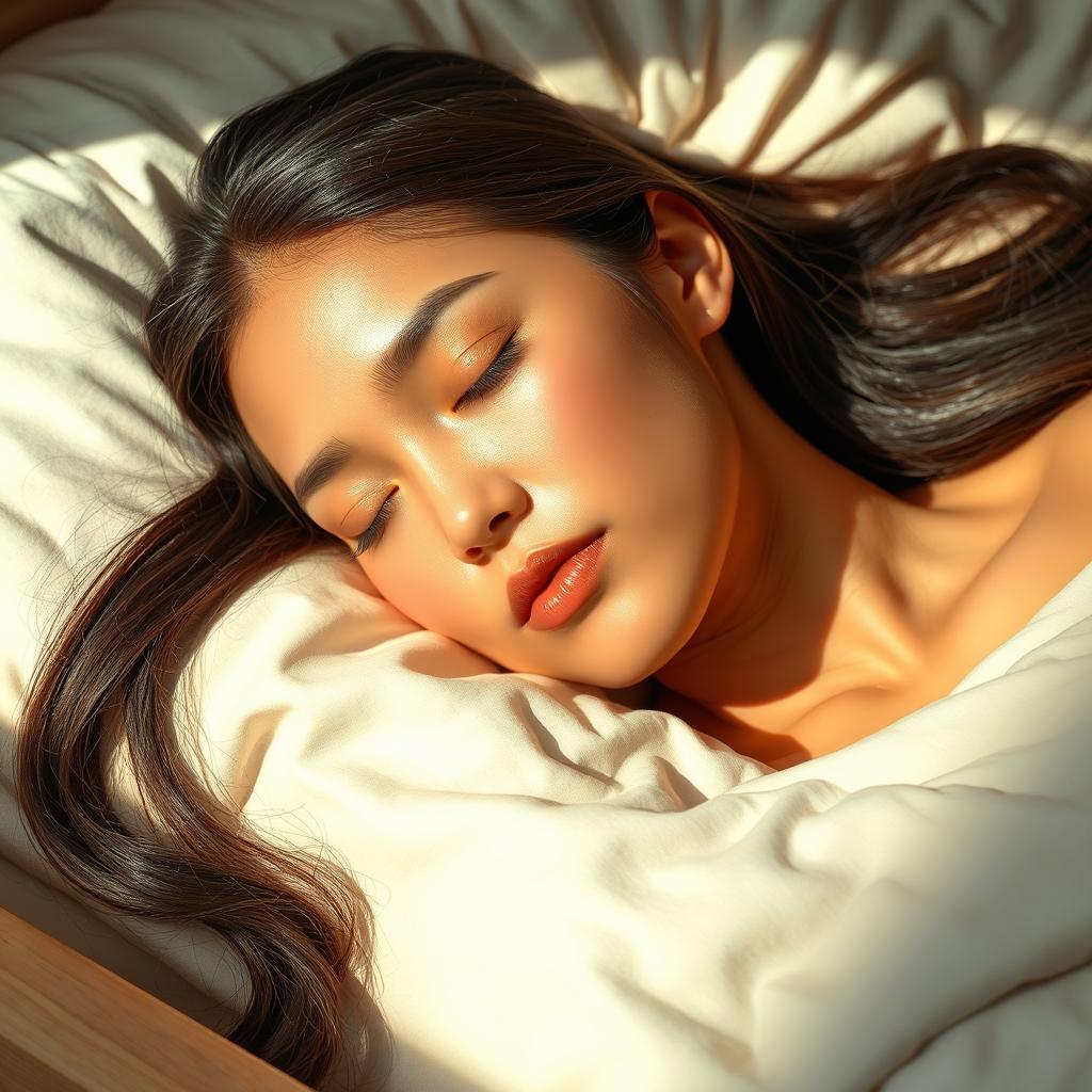 A beautiful mixed-race woman of Asian and Caucasian descent peacefully sleeping