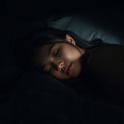 A beautiful mixed-race woman of Asian and Caucasian descent peacefully sleeping in a dark room