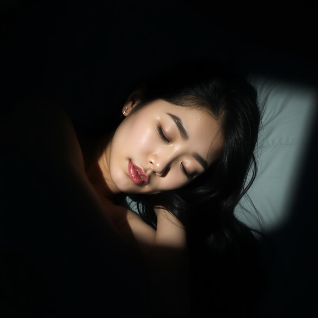 A beautiful mixed-race woman of Asian and Caucasian descent peacefully sleeping in a dark room