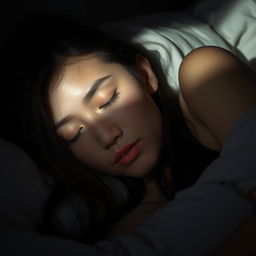 A beautiful mixed-race woman of Asian and Caucasian descent peacefully sleeping in a dark room