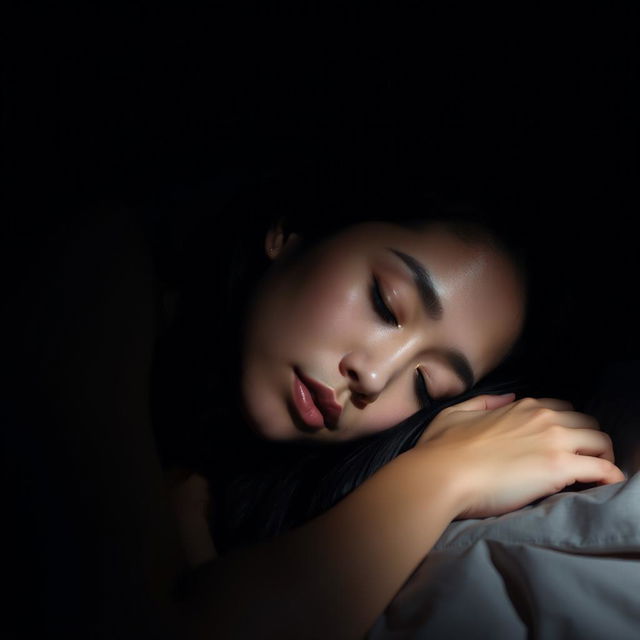 A beautiful mixed-race woman of Asian and Caucasian descent peacefully sleeping in a dark room