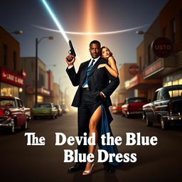 A black man standing confidently in the middle of a 1960s style street, holding a gun in a poised manner