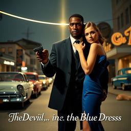 A black man standing confidently in the middle of a 1960s style street, holding a gun in a poised manner
