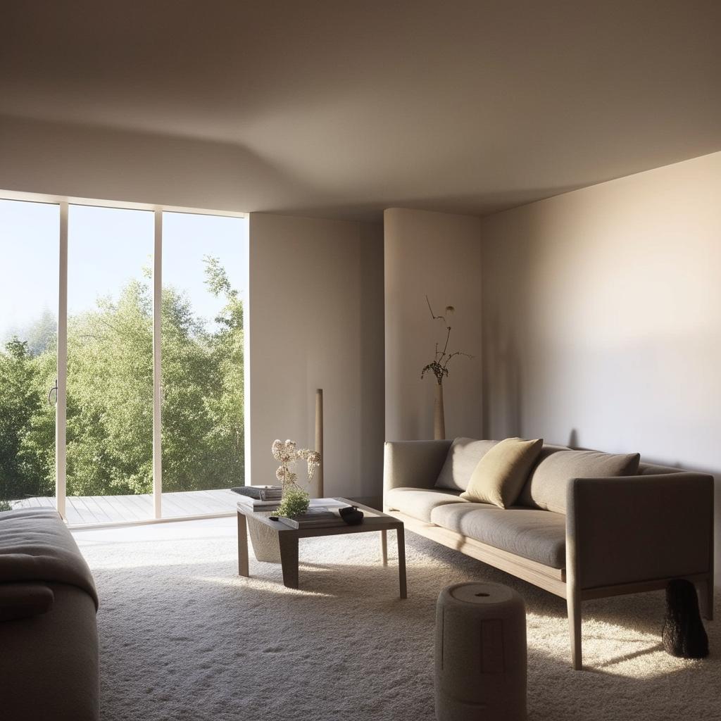 A modern yet minimalistic interior living room with natural light and simple furnishings.