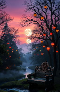 A mystical forest at twilight, where the trees are adorned with colorful glowing lanterns