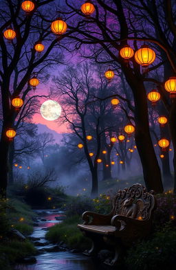 A mystical forest at twilight, where the trees are adorned with colorful glowing lanterns