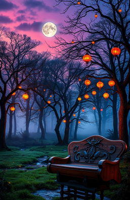 A mystical forest at twilight, where the trees are adorned with colorful glowing lanterns