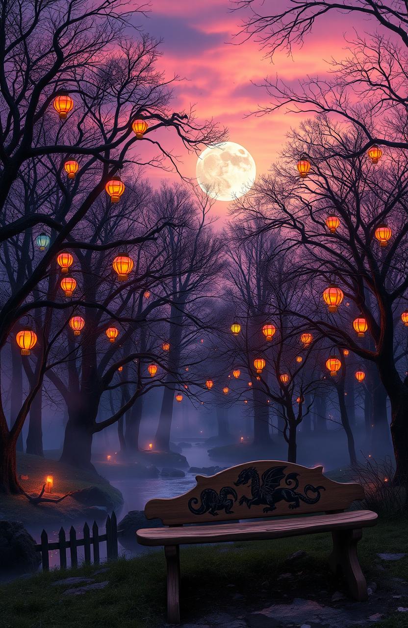 A mystical forest at twilight, where the trees are adorned with colorful glowing lanterns