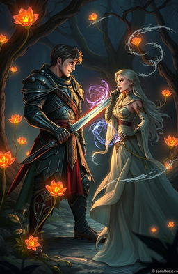 A captivating fantasy scene depicting a dramatic moment between two characters who start as enemies but gradually fall in love