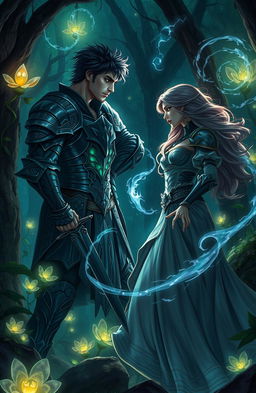 A captivating fantasy scene depicting a dramatic moment between two characters who start as enemies but gradually fall in love
