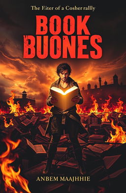 A dramatic book cover depicting a dystopian world, where a fiery background shows books being burned, with vivid flames illuminating the scene