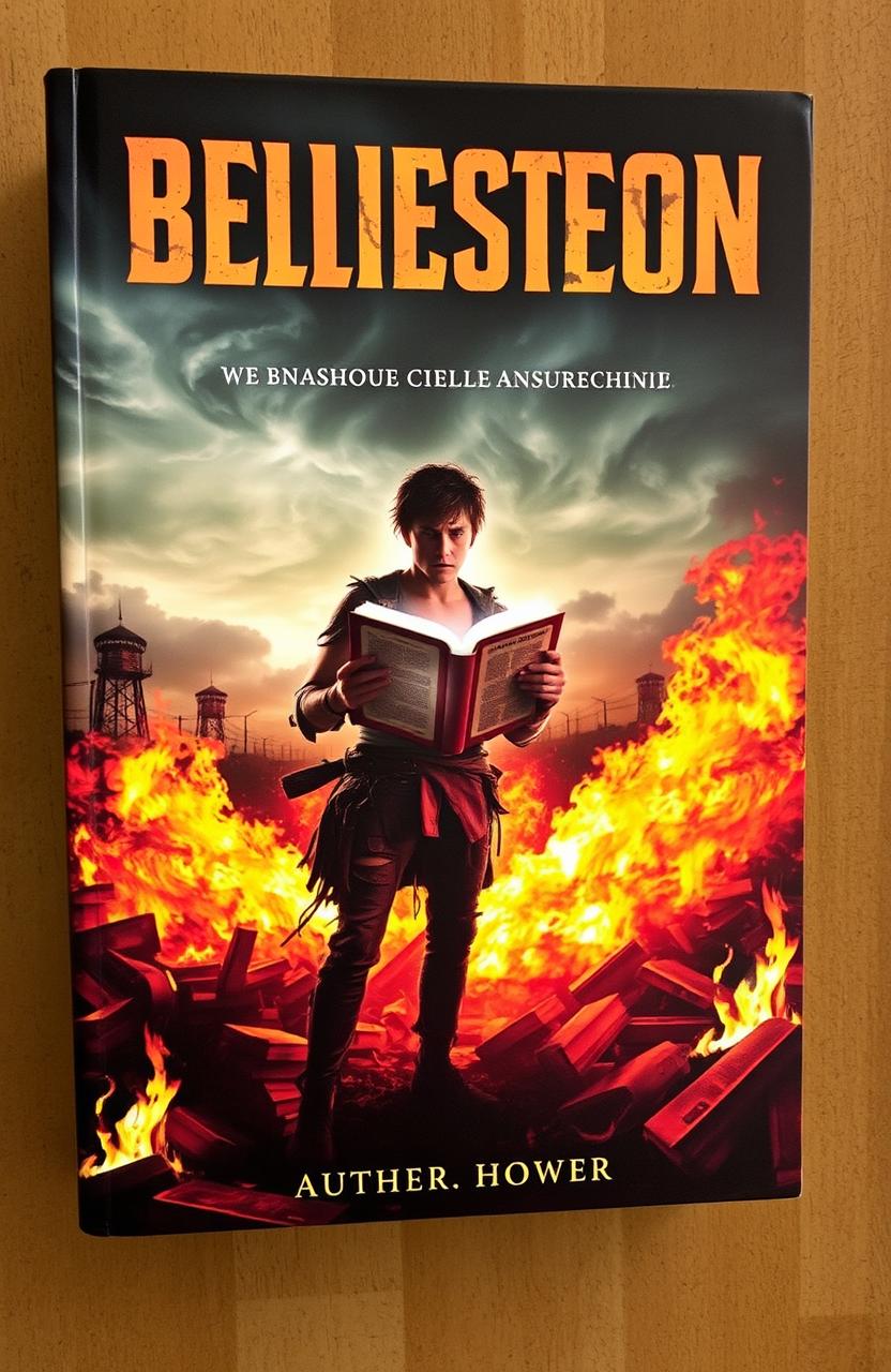 A dramatic book cover depicting a dystopian world, where a fiery background shows books being burned, with vivid flames illuminating the scene