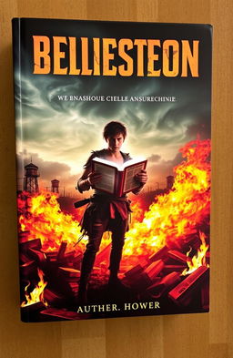 A dramatic book cover depicting a dystopian world, where a fiery background shows books being burned, with vivid flames illuminating the scene