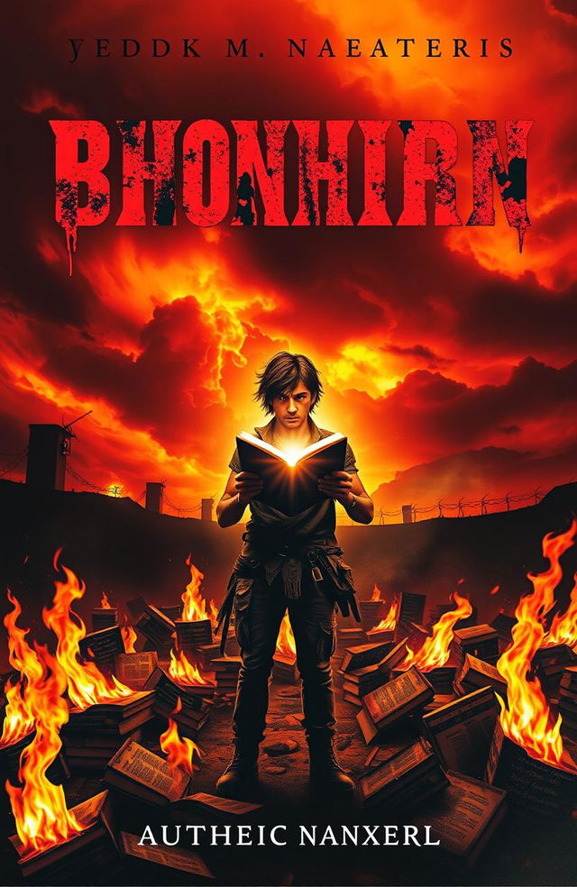 A dramatic book cover depicting a dystopian world, where a fiery background shows books being burned, with vivid flames illuminating the scene