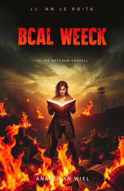 A dramatic book cover depicting a dystopian world, where a fiery background shows books being burned, with vivid flames illuminating the scene