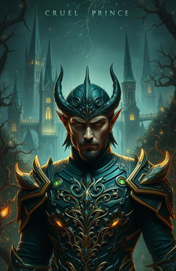 A dark fantasy scene inspired by the world of THE CRUEL PRINCE, featuring a breathtaking elven city nestled in an ancient forest, illuminated by ethereal lights