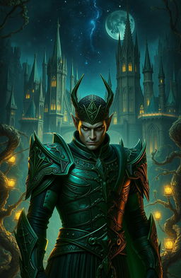 A dark fantasy scene inspired by the world of THE CRUEL PRINCE, featuring a breathtaking elven city nestled in an ancient forest, illuminated by ethereal lights