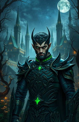 A dark fantasy scene inspired by the world of THE CRUEL PRINCE, featuring a breathtaking elven city nestled in an ancient forest, illuminated by ethereal lights