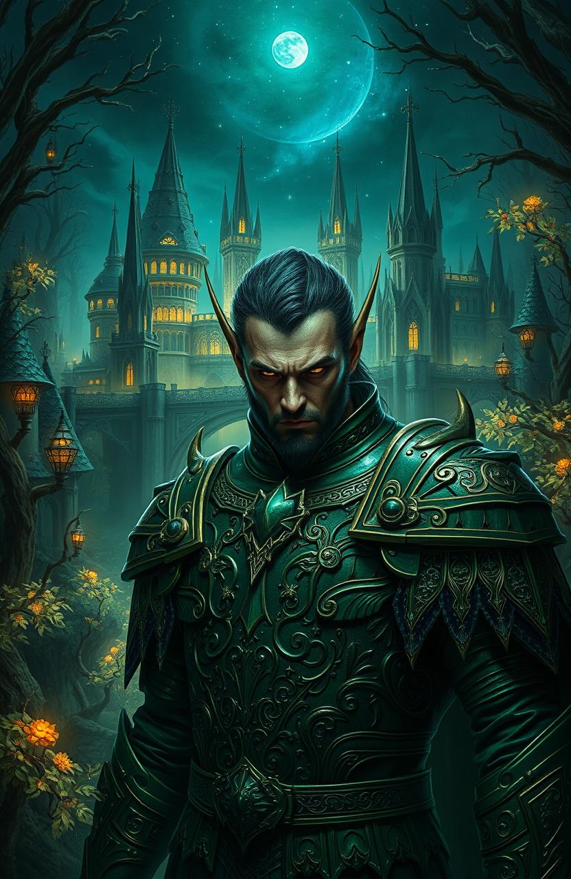 A dark fantasy scene inspired by the world of THE CRUEL PRINCE, featuring a breathtaking elven city nestled in an ancient forest, illuminated by ethereal lights