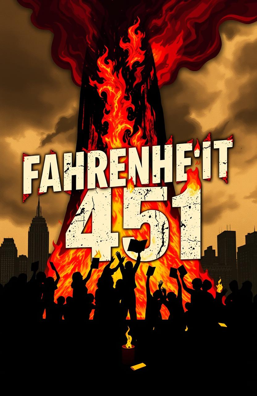 A striking book cover design for 'Fahrenheit 451', incorporating themes of rebellion and the transformative power of knowledge