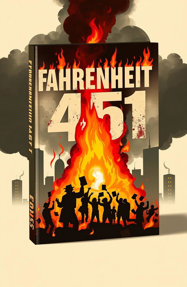 A striking book cover design for 'Fahrenheit 451', incorporating themes of rebellion and the transformative power of knowledge